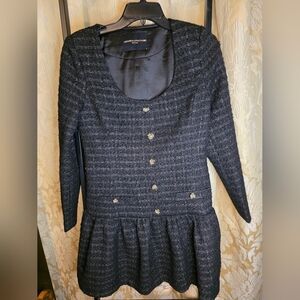 Amanda Uprichard Gold & Black Tweed Long Sleeves Midi Sz S Gold Buttons Pleated